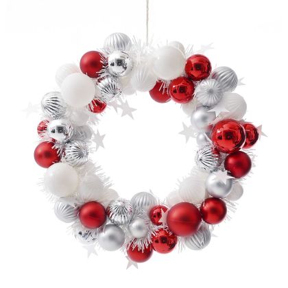  XMAS WREATH 32CM WITH RED AND WHITE BAUBLES