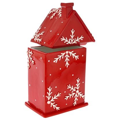  RED WITH WHITE SNOWFLAKES CERAMIC COOKIE JAR HOUSE 16Χ11Χ30CM