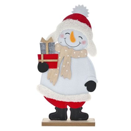  XMAS WHITE FELT SNOWMAN ON WOODEN BASE 19X5X37CM