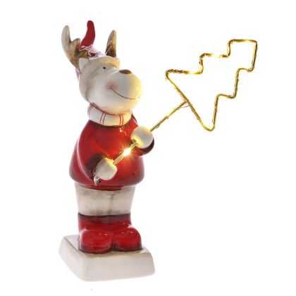  XMAS RED CERAMIC REINDEER WITH LED LIGHT 12X8X17CM