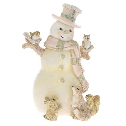  XMAS  PINK GOLD RESIN SNOWMAN WITH ANIMALS 12X9X17CM