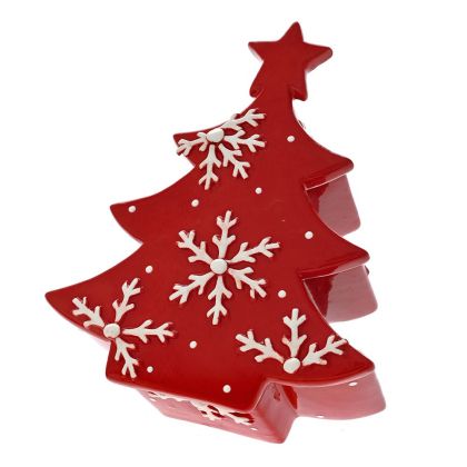  RED WITH WHITE SNOWFLAKES CERAMIC COOKIE JAR CHRISTMAS TREE 21X18X8CM