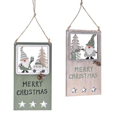  XMAS SET 2 GREEN GREY WOODEN HANGING WINDOW 10X17CM