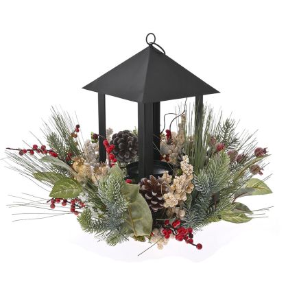  CANDLE HOLDER LANTERN WITH CREAM AND RED BERRIES AND PINE CONES 33Χ28CM