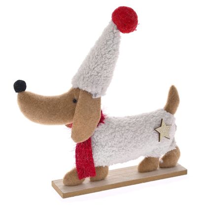 DECORATIVE DOG WITH CLOTHES AND HAT ON A WOODEN BASΕ 31X5X29CM