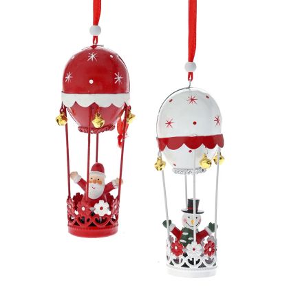  XMAS SET 2 RED WHITE METAL HOT AIR BALLOON ORNAMENTS 6X5X16CM