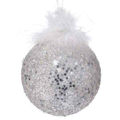  SILVER GLASS BALL WITH FEΑTHERS ORNAMENT 10CM SET 4