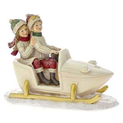  XMAS RED POLYRESIN CHILDREN ON A SNOWMOBILE 18X10X14CM