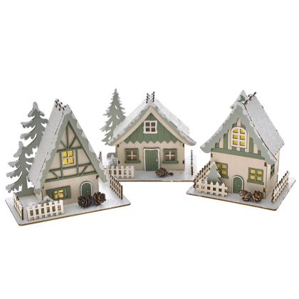 CREAM GREEN WOODEN HOUSES WITH LIGHT 14Χ15Χ9CM 11Χ15Χ9CM 13Χ13Χ9CM ASSORTED