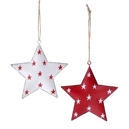  XMAS SET 2 RED WHITE METAL STARS ORNAMENTS 10CM