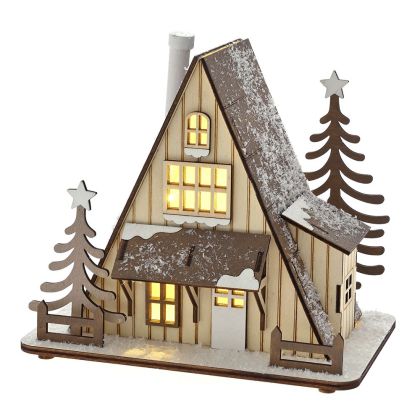 Дървена светеща къща Коледа 18x12x16см