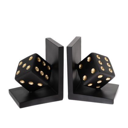 BLACK RESIN DICE BOOKENDS 26x10x15CM