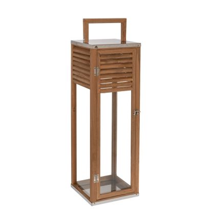 BROWN WOODEN LANTERN WITH METAL TOP 22X22X75CM