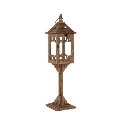 BROWN WOODEN LANTERN ON STAND 18X18X73CM