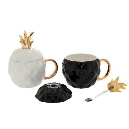 CERAMIC MUG WITH LID PINEAPPLE AND SPOON 14X10X10CM IN 2 COLORS