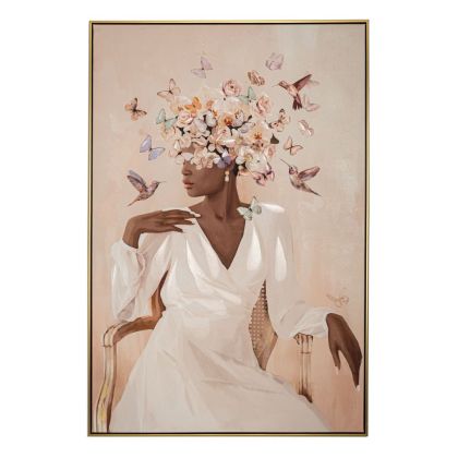 Маслена картина принт на черна жена с бяла рокля в златна рамка 82x4.5x112 см