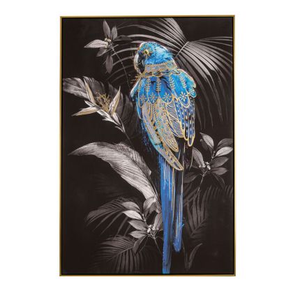 Маслена картина принт на син папагал на черен фон със златна рамка 82.5x4.5x122.5 см