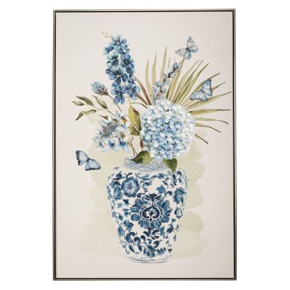 Маслена картина принт на син ваза и цветя в сребърна рамка 82.5x4.5x122 см