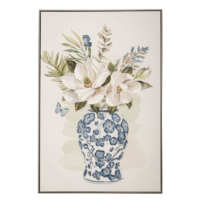 Маслена картина принт на син ваза и бели цветя в сребърна рамка 82.5x4.5x122 см