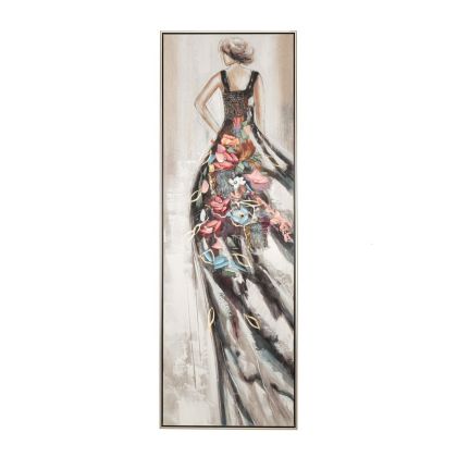 Маслена картина принт на момиче с цвете в черна рокля със сребърна рамка 52.5x4.5x152.5 см