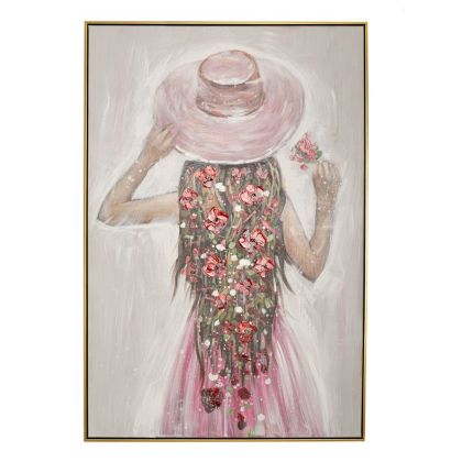 Маслена картина принт на момиче с розова шапка и рокля със златна рамка 82x4x122 см