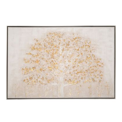 Маслена картина принт на златно дърво на бял фон със сребърна рамка 122.5x4.5x82.5 см