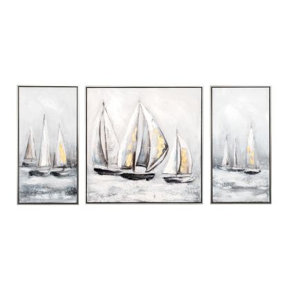 Маслена картина принт комплект от 3 броя с кораби и сребърна рамка 150x4.5x72.5 см