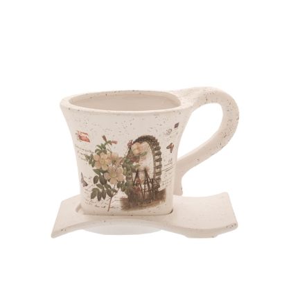Керамична кашпа чаша за чай с чинийка 18X13X14 CREAM FLOWERS PRINT
