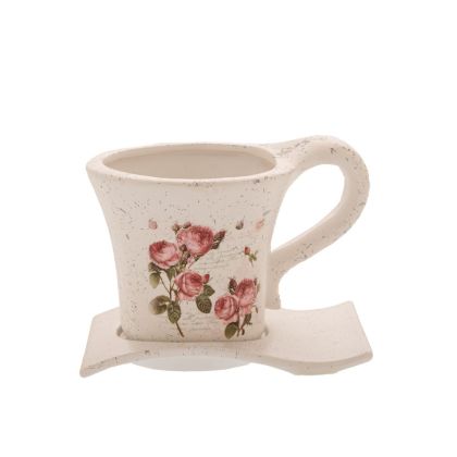 Керамична кашпа чаша за чай с чинийка 18X13X14 PINK ROSES PRINT