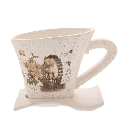 Керамична кашпа чаша за чай с чинийка 26X18X18 CREAM FLOWERS PRINT