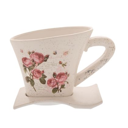 Керамична кашпа чаша за чай с чинийка 26X18X18 PINK ROSES PRINT