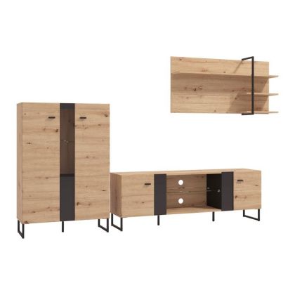 ENTERTAINMENT CENTER-MANDALAY ARTISAN OAK COMPOSITION-BLACK GLASS 235x35x171.5cm