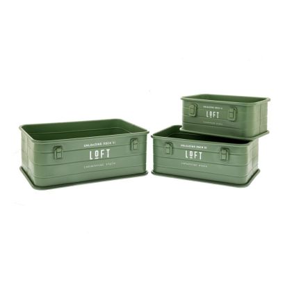 SET 3 GREEN METAL STORAGE BOX 46X31X19 39X26X17 32X21X15CM