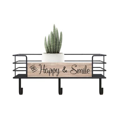 Закачалка за стена с рафт 'Happy & Smile' метал-дърво в черен цвят 40x12.5x17.10см