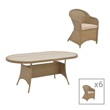 Dinning set Hadrian-Keir set of 7 brown rattan-beige textilene-brown aluminum 180x90x72cm