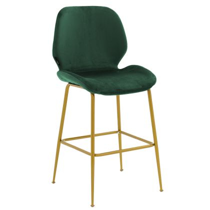 Бар стол Impel с метални златни крака-плюшена дамаска цвят тъмно зелен