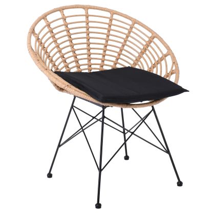 Градински стол Salsa Coral, черен метал, естествен ратан, черен възглавница -Ε283,1
