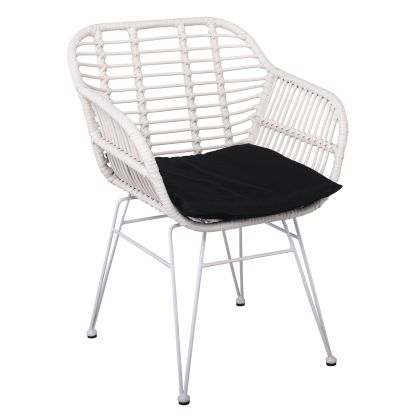 Градински стол Salsa-W, бял метал, бял ратан, черна възглавница - Ε282,Κ4