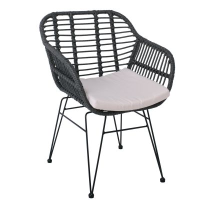 Градински стол Salsa-W, черен метал, сив ратан, кремава възглавница - Ε282,Κ3