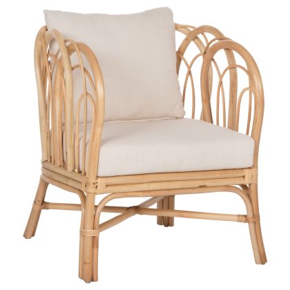 Градинско кресло за дневна ESTOR HM9817 от ратан в естествен цвят - бяла възглавница 78x75x92см.