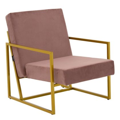 Кресло Evelyn с розова плюшена дамаска и златни метални крака 62x73x75cm