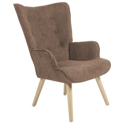 Кресло Fluffy с плюшена дамаска цвят кафяв и дървени крака 75x69x96cm