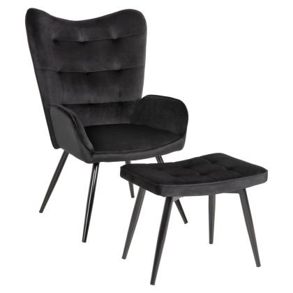 Кресло с табуретка CRAWLEY HM8918.04 черно плюшено с метални крака 70x57x103Hcm.