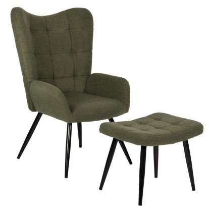Кресло с табуретка CRAWLEY HM8918.23 букле в кипърско зелено и черни метални крака 70x74x105Hcm.