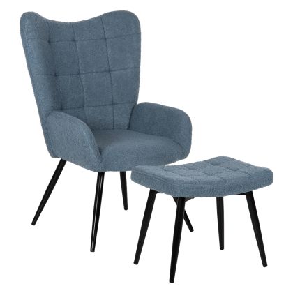 Кресло с табуретка CRAWLEY HM8918.24 синьо букле и черни метални крака 70x74x105Hcm.