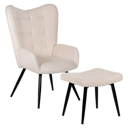 Кресло с табуретка CRAWLEY HM8918.25 бяло букле и черни метални крака 70x74x105Hcm.