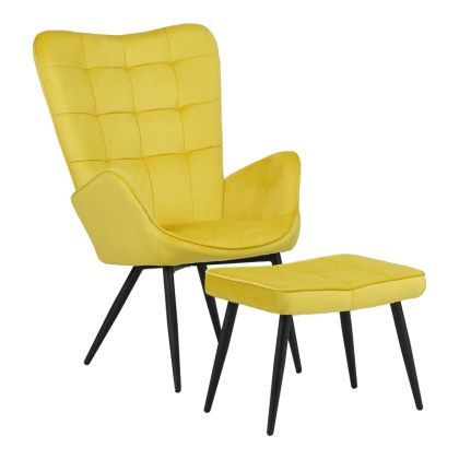 Кресло с табуретка Dorita дамаска жълт плюш с черни метални крака 68.5x76x103cм
