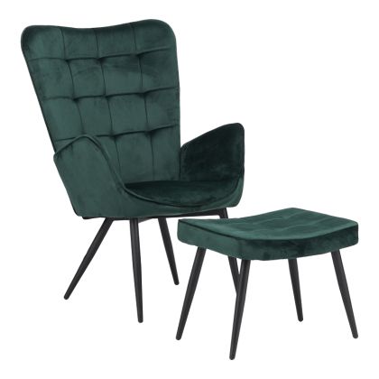 Кресло с табуретка Dorita дамаска тъмнозелен плюш с черни метални крака 68.5x76x103cм