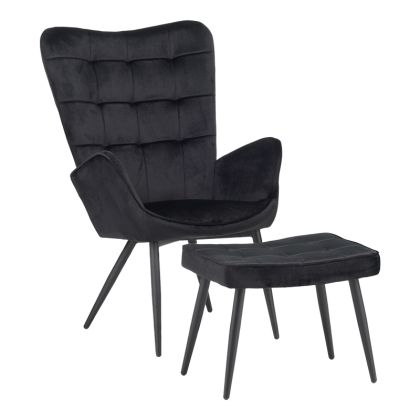 Кресло с табуретка Dorita дамаска черен плюш с черни метални крака 68.5x76x103cм