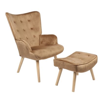 Кресло с табуретка за крака Vivienne дамаска плюш кафява с дървени крака 75x69x96cм